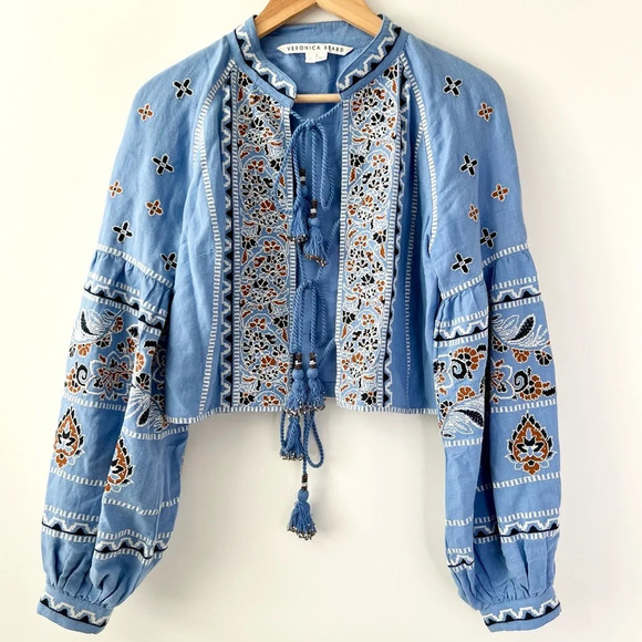 VERONICA BEARD || Rivoli Embroidered Tassel-Tie Cropped Jacket Blue Linen xs - Picture 6 of 13